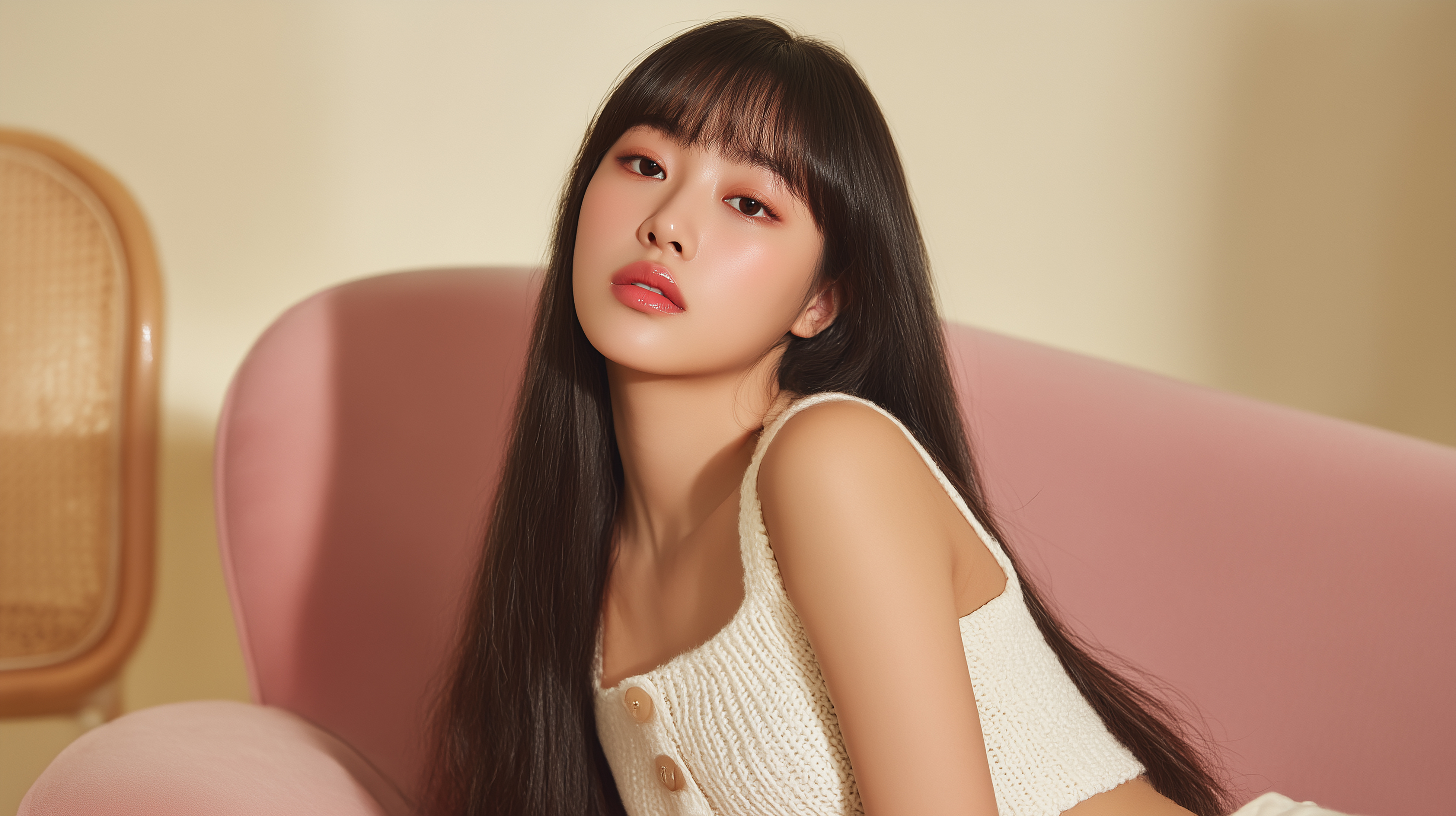 Korean Woman with Long Hair Posing on Pink Sofa in Soft Light